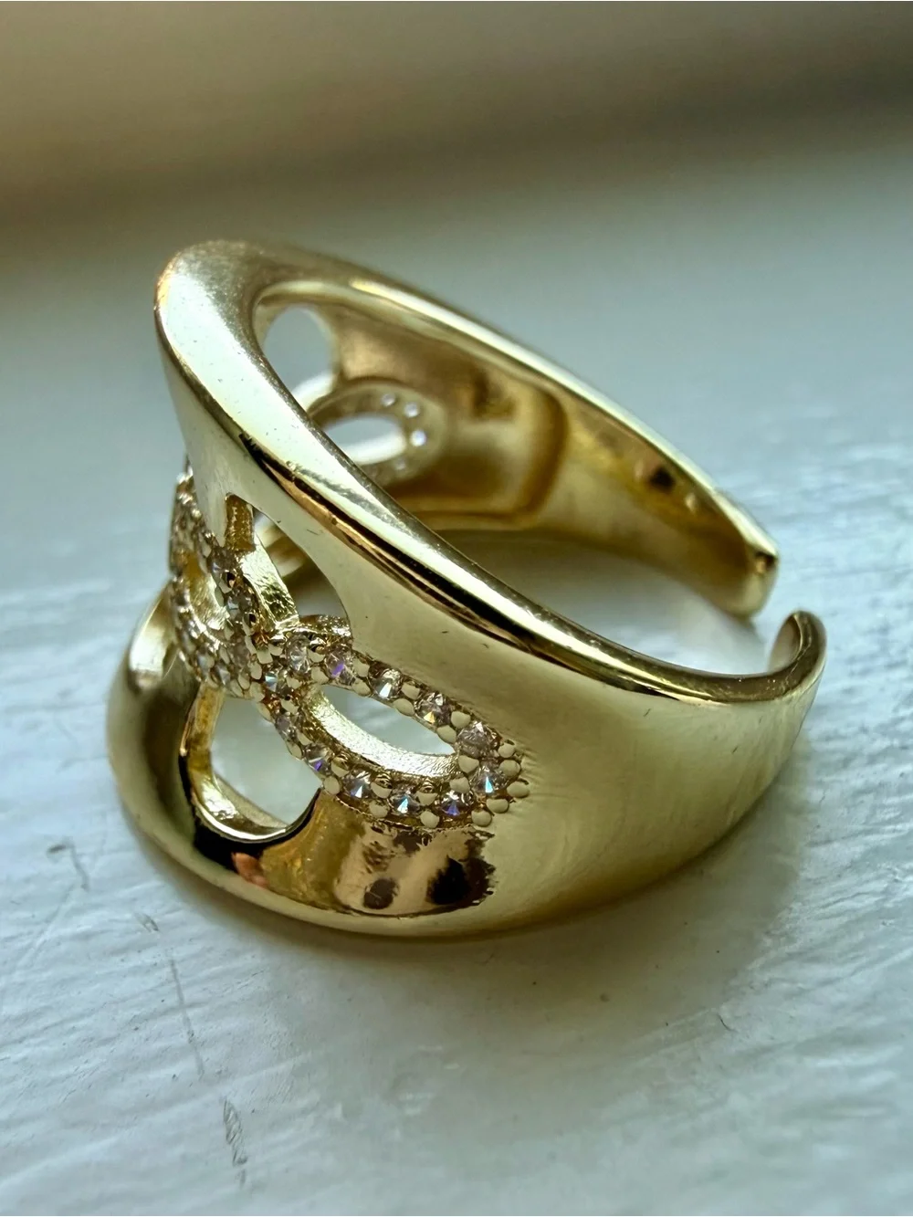 NEW! 18k Yellow Gold Plated Openwork Link CZ Accent Wide Band Ring